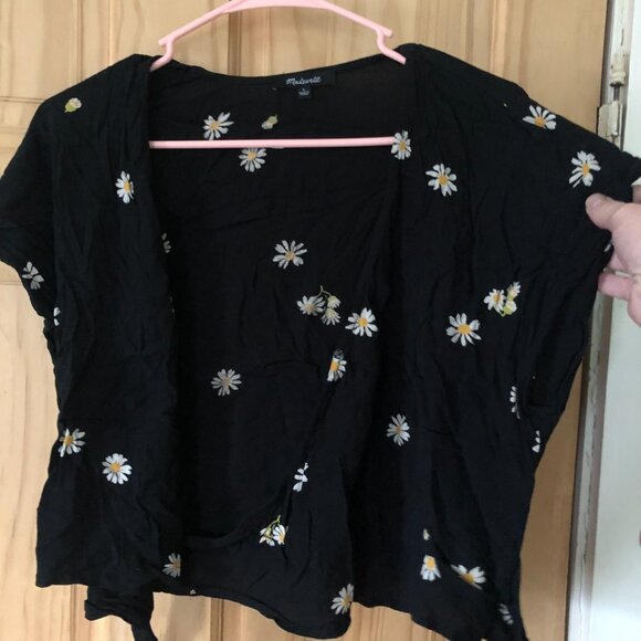 Madewell Short Sleeve Floral Cropped Wrap Blouse - Black w/ Daisies, Sz L - Picture 8 of 13